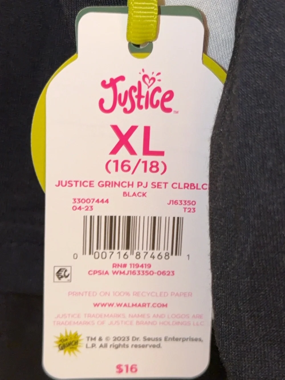 Justice Girls Grinch Pajama Set - Black, White, Green